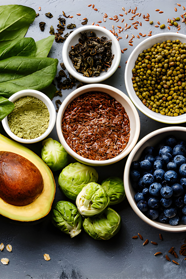 Healthy food selection: fruit, vegetables, seeds, superfoods, cereal, leaf vegetables on gray concrete background